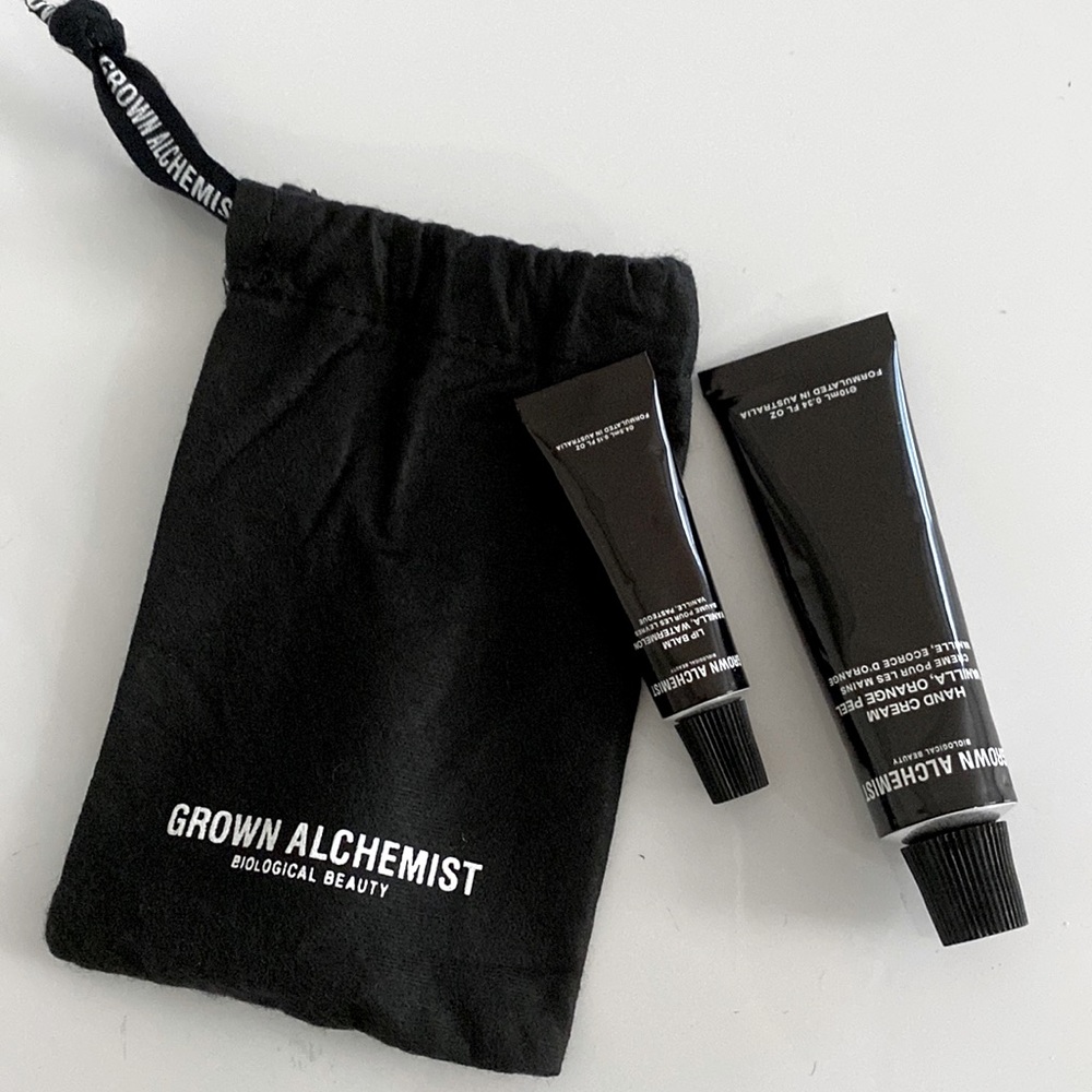 Grown alchemist hand cream and lip balm travel set